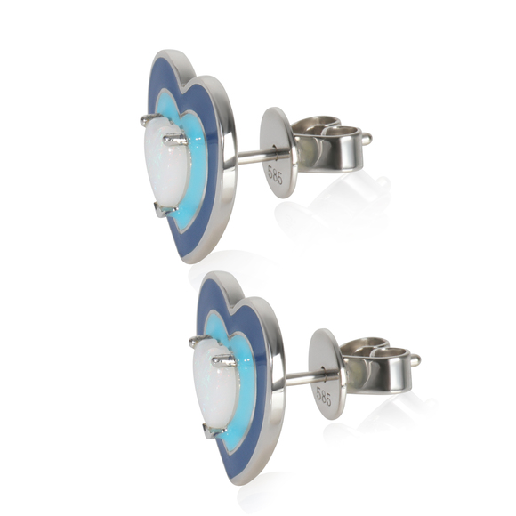 White Gold Opal Blue Enamel Earrings - Picture 3 of 3